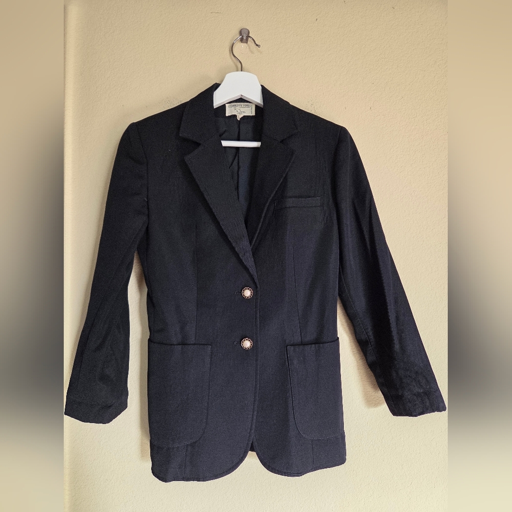 Vintage 100% Wool Charlotte Ford Black Blazer Pearl Buttons